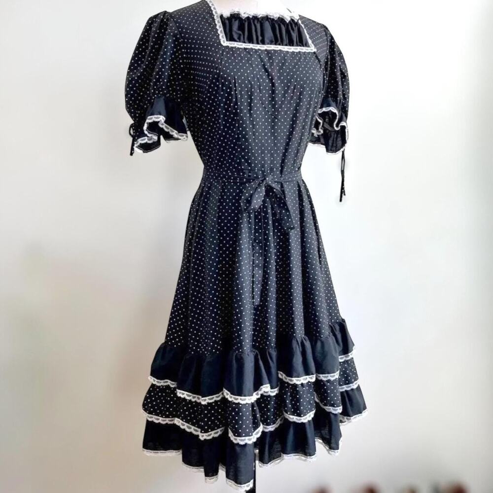 Vintage 50s Polka Dot Prairie Dress | Rockabilly Square Dance | Puff Sleeve | M
